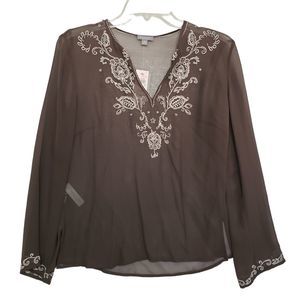 NWT Ann Taylor Petites XSP 100% Silk Embroidered and Beaded Sheer V-neck Blouse